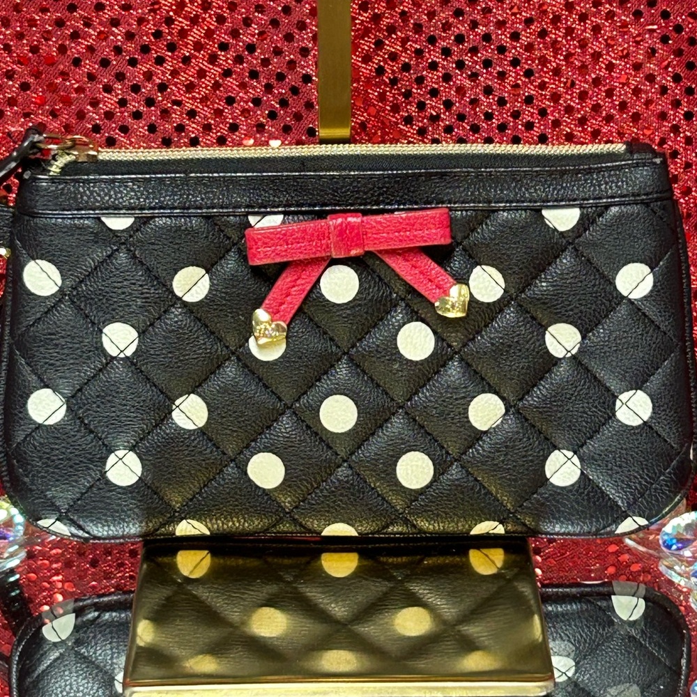 Betsey Johnson Black Polka Dot Quilted Wristlet with Red Bow Approx. 8.5 x 4.5
